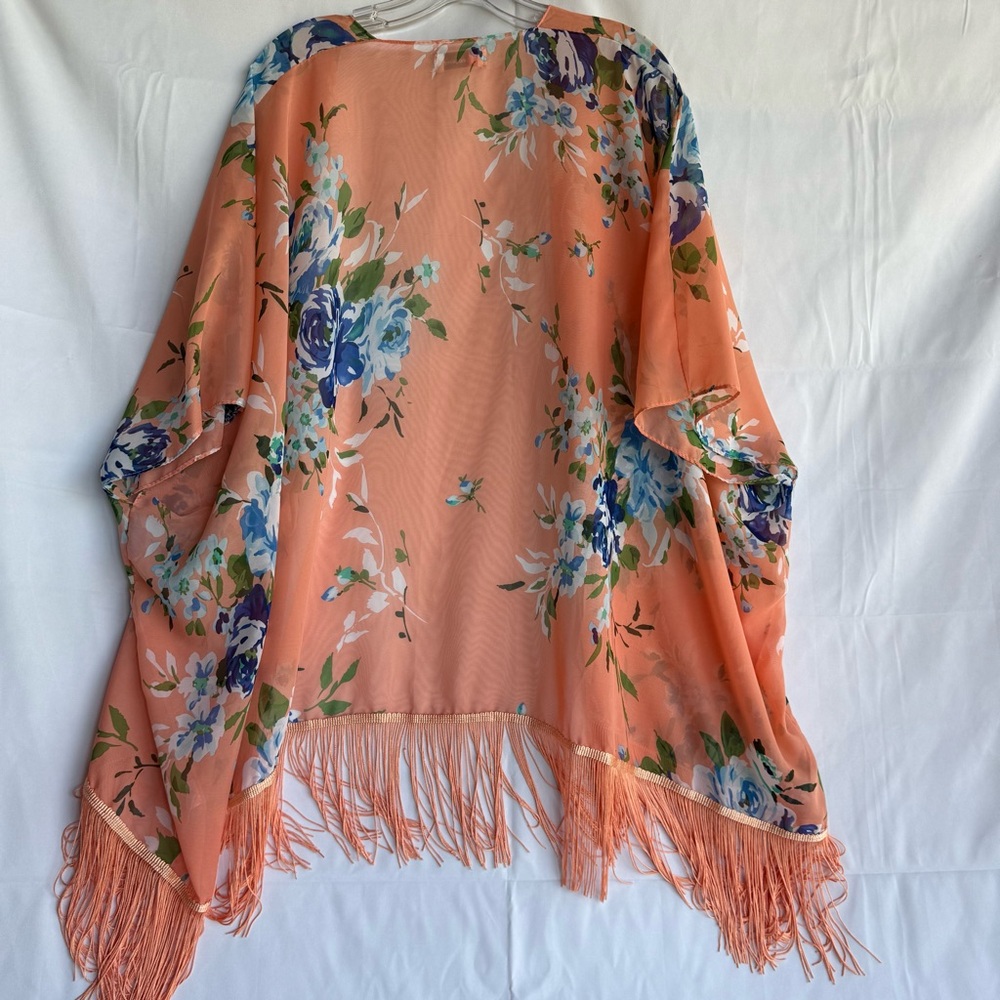Orange and Blue Kimono Robe with Fringe - Picture 5 of 9